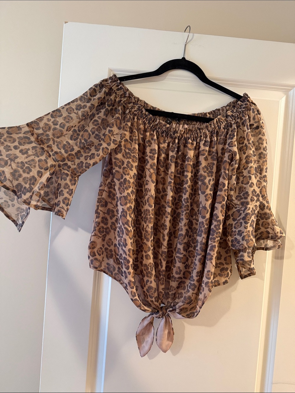 Express Leopard Print Off-Shoulder Tie-Front Top - Beige/Brown